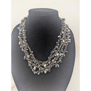 Multistrand Black Metallic Beaded Statement Necklace Four Strand Boho Jewelry